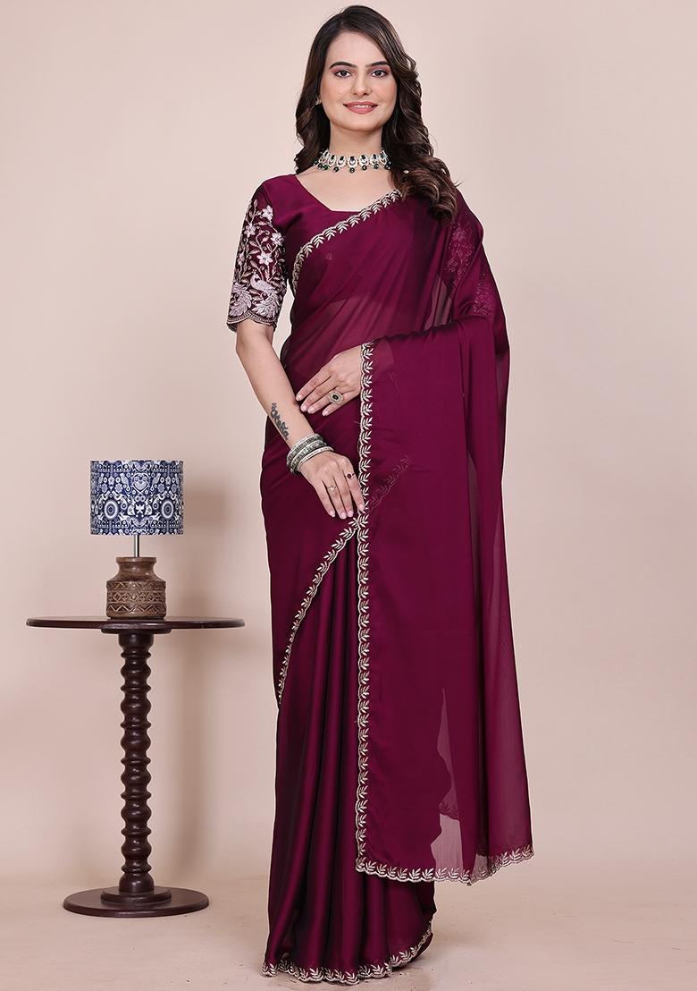 Wine Embroidered Chiffon Saree Set