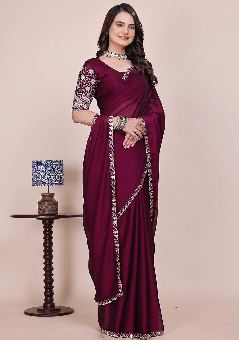 Wine Embroidered Chiffon Saree Set