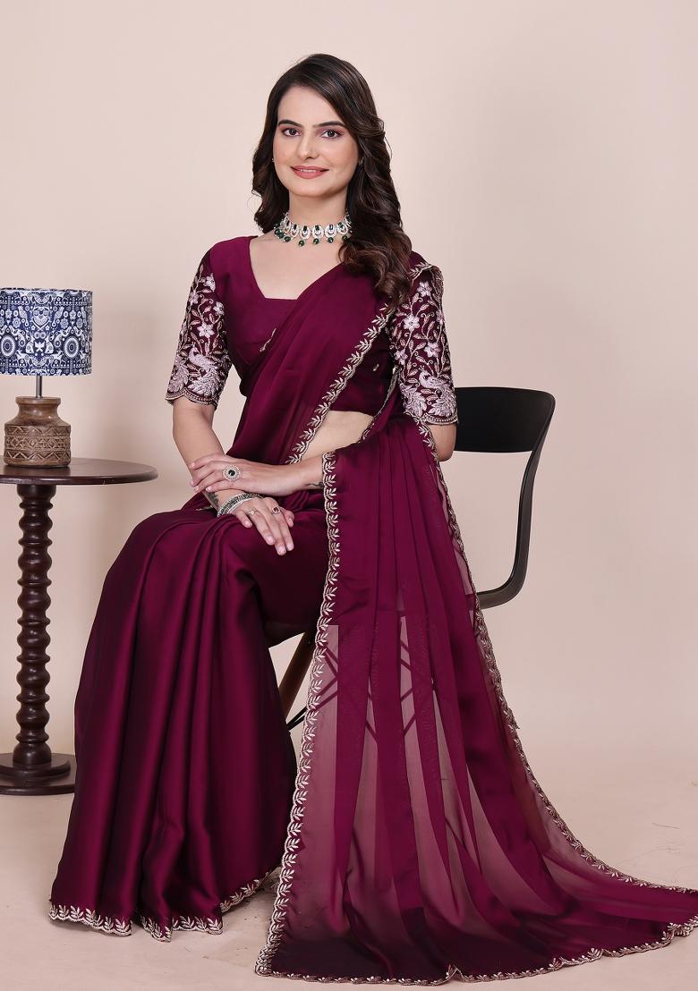 Wine Embroidered Chiffon Saree Set