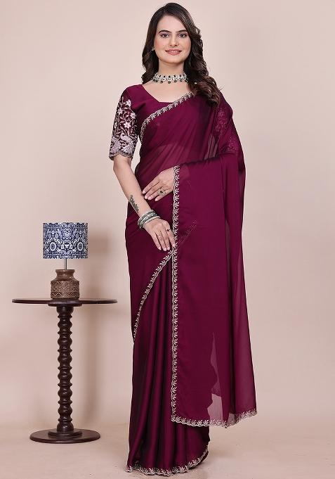 Wine Embroidered Chiffon Saree Set