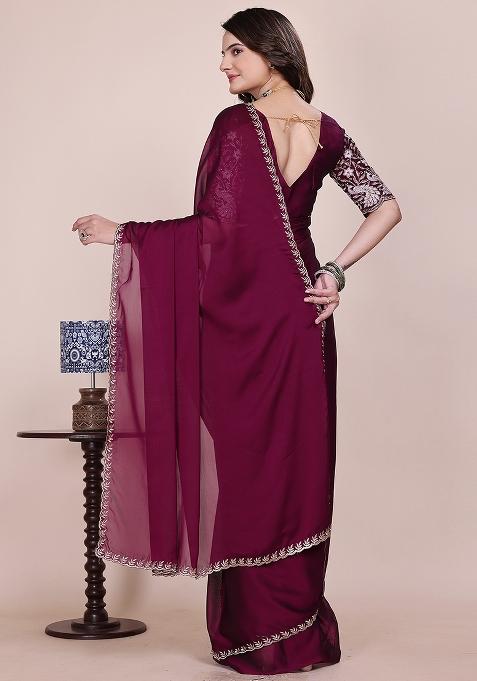 Wine Embroidered Chiffon Saree Set