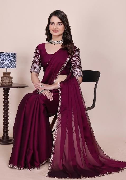 Wine Embroidered Chiffon Saree Set