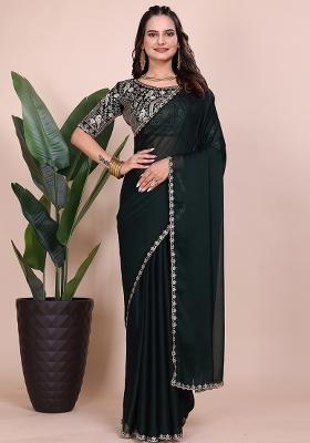 Bottel Green Embroidered Chiffon Saree Set