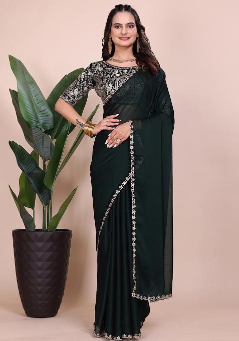 Bottel Green Embroidered Chiffon Saree Set