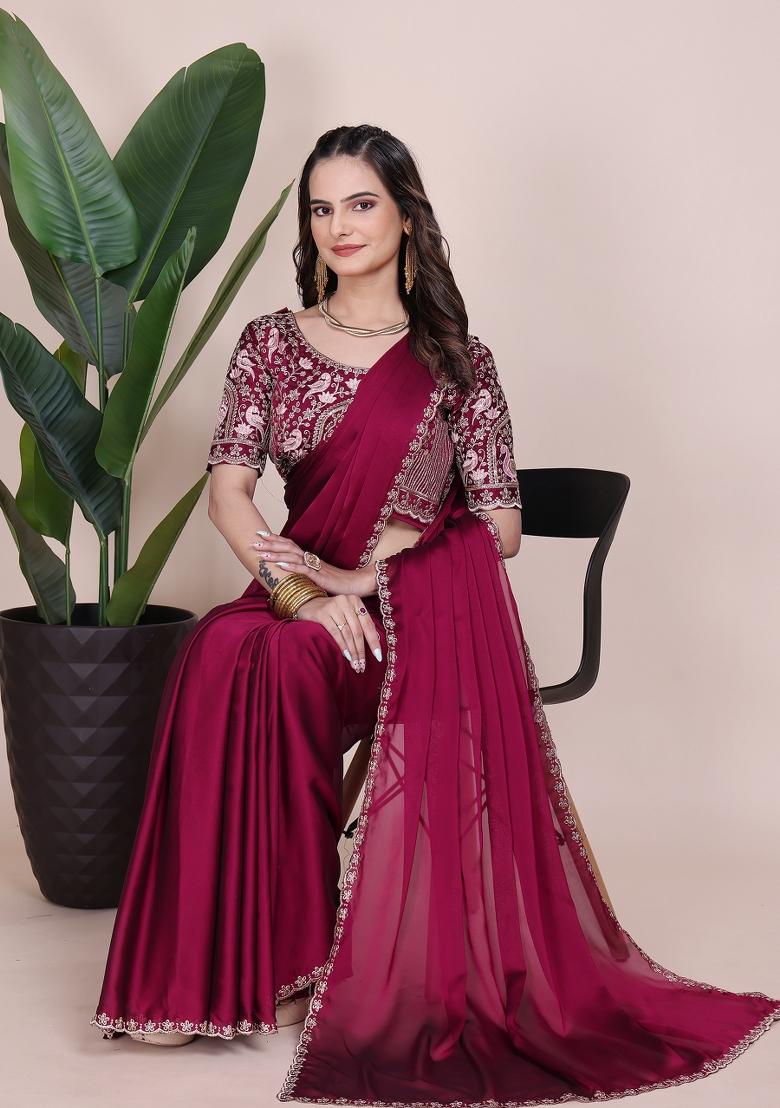 Cherry Embroidered Chiffon Saree Set - Indya