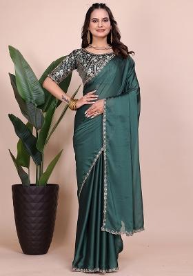Dusty Bottle Green Embroidered Chiffon Saree Set