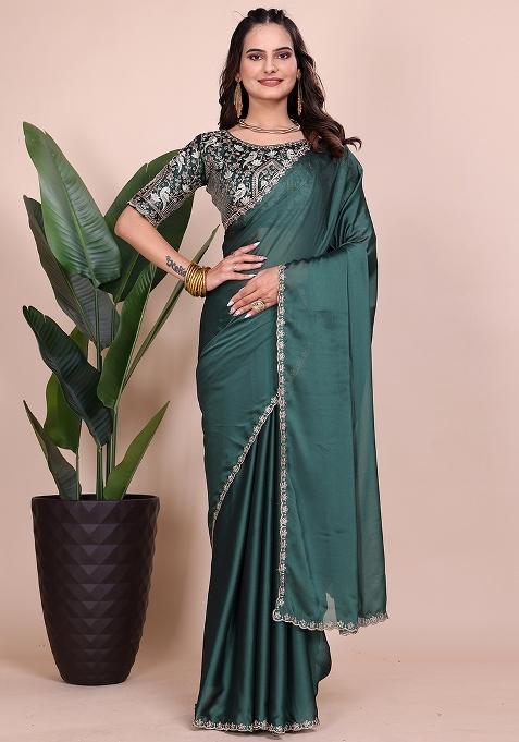 Dusty Bottle Green Embroidered Chiffon Saree Set