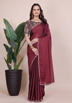 Dusty Maroon Embroidered Chiffon Saree Set