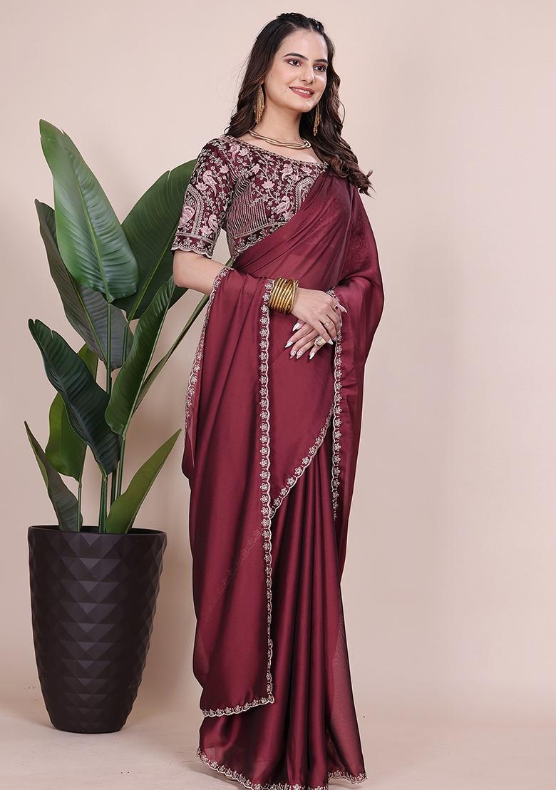 Dusty Maroon Embroidered Chiffon Saree Set