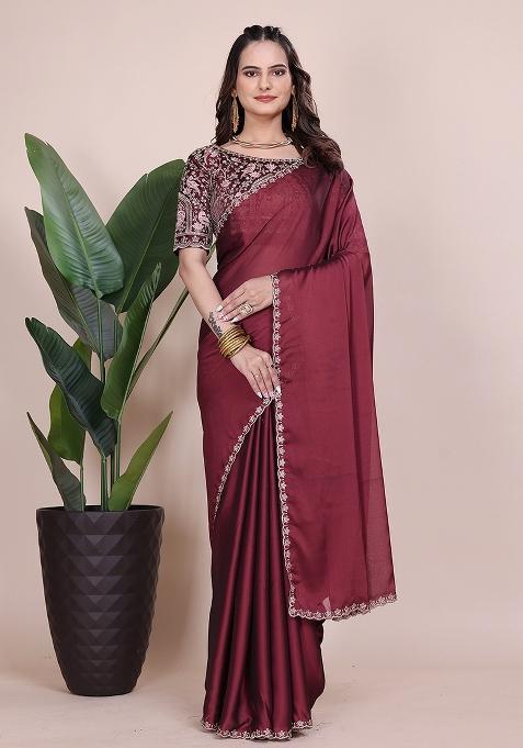 Dusty Maroon Embroidered Chiffon Saree Set