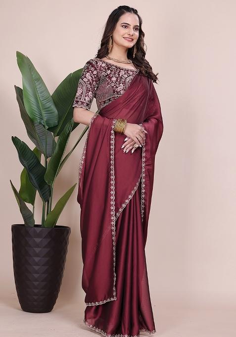 Dusty Maroon Embroidered Chiffon Saree Set