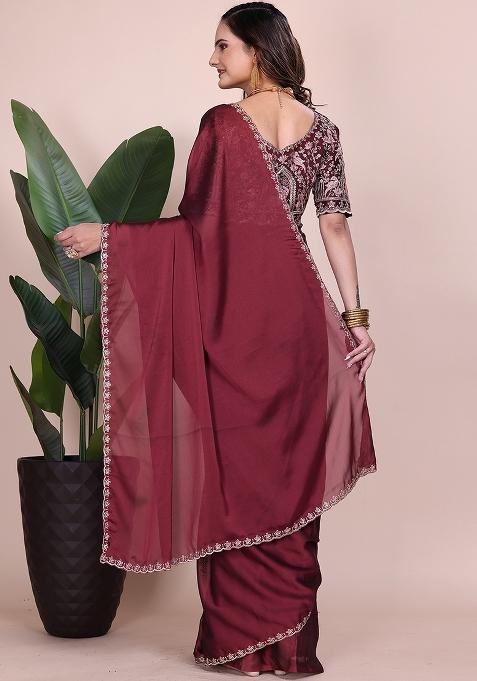 Dusty Maroon Embroidered Chiffon Saree Set