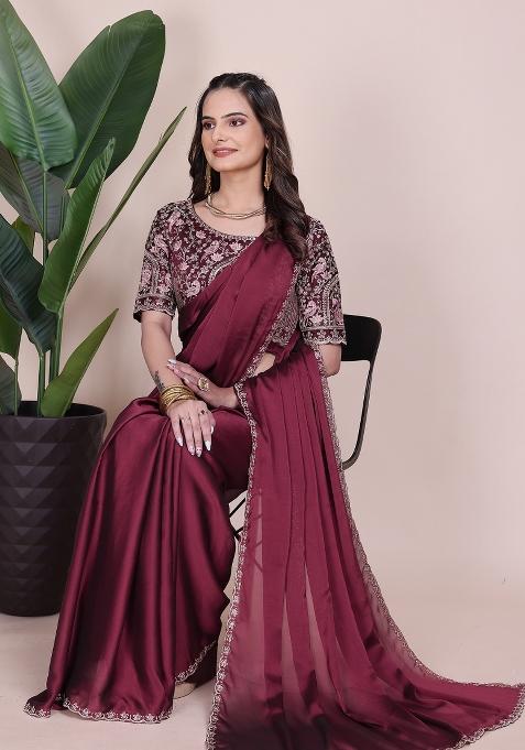 Dusty Maroon Embroidered Chiffon Saree Set
