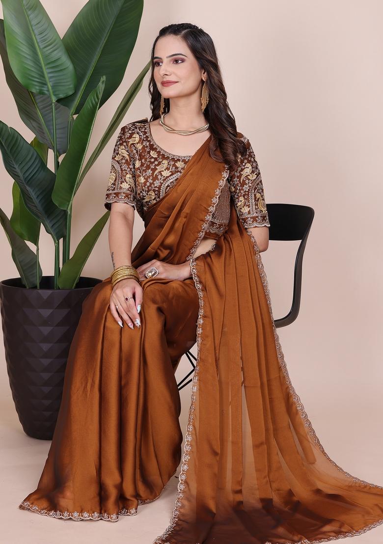 Mustard Embroidered Chiffon Saree Set - Indya