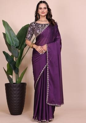 Purple Embroidered Chiffon Saree Set