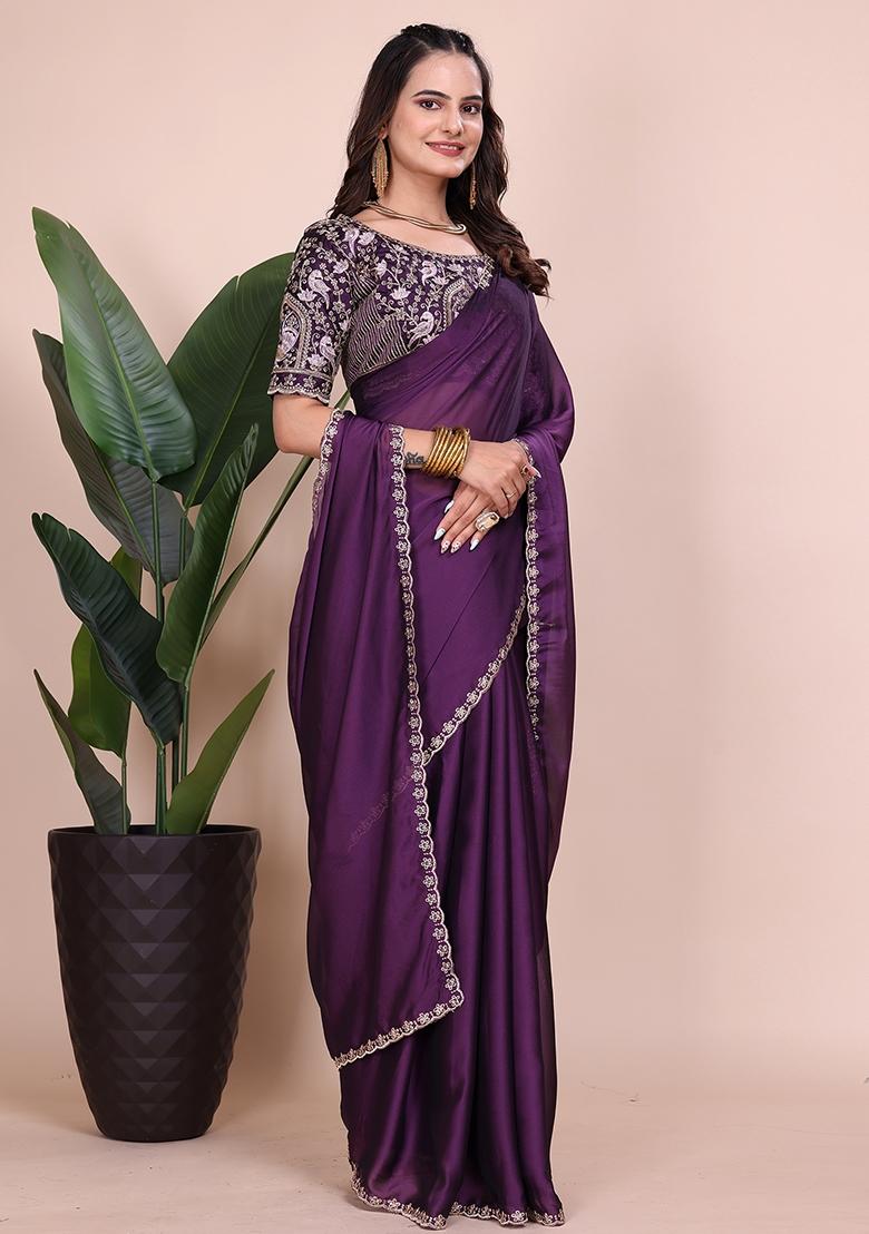 Purple Embroidered Chiffon Saree Set
