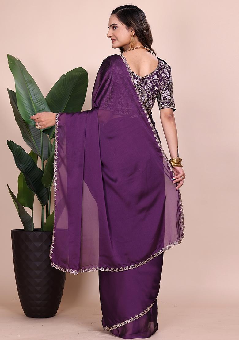 Purple Embroidered Chiffon Saree Set