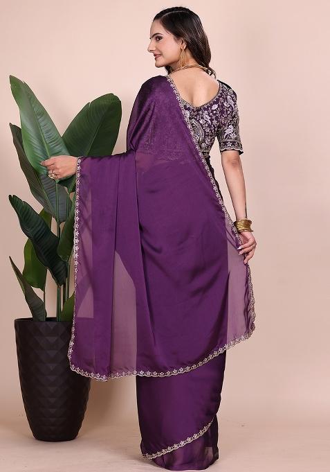 Purple Embroidered Chiffon Saree Set
