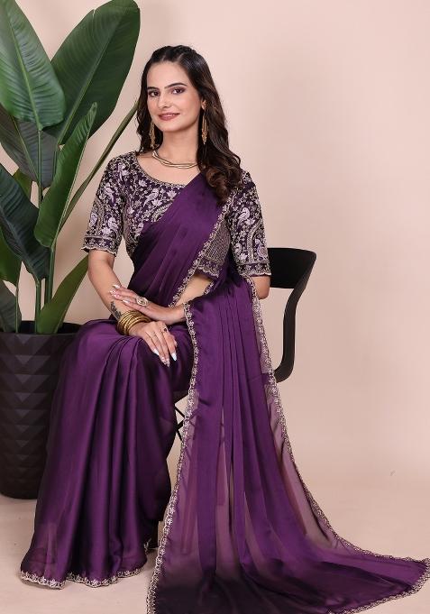 Purple Embroidered Chiffon Saree Set