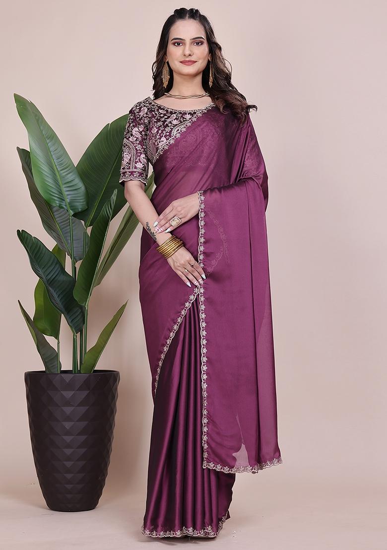 Dusty Wine Embroidered Chiffon Saree Set