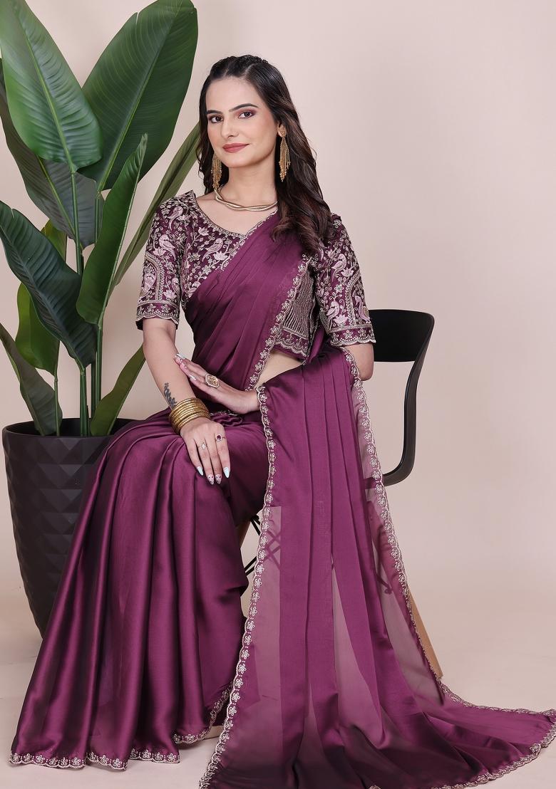 Dusty Wine Embroidered Chiffon Saree Set - Indya