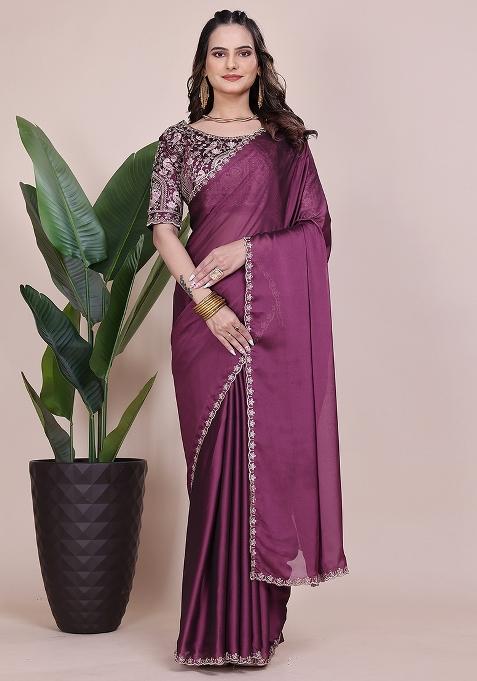 Dusty Wine Embroidered Chiffon Saree Set