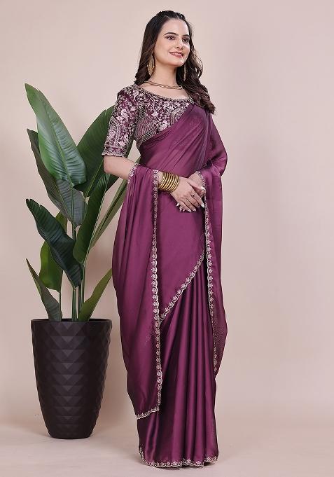 Dusty Wine Embroidered Chiffon Saree Set
