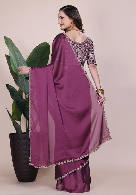 Dusty Wine Embroidered Chiffon Saree Set