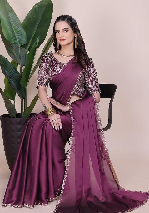 Dusty Wine Embroidered Chiffon Saree Set