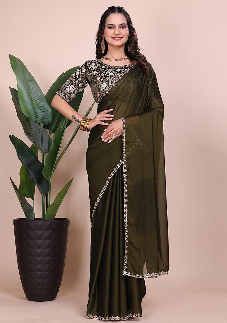 Green Embroidered Chiffon Saree Set