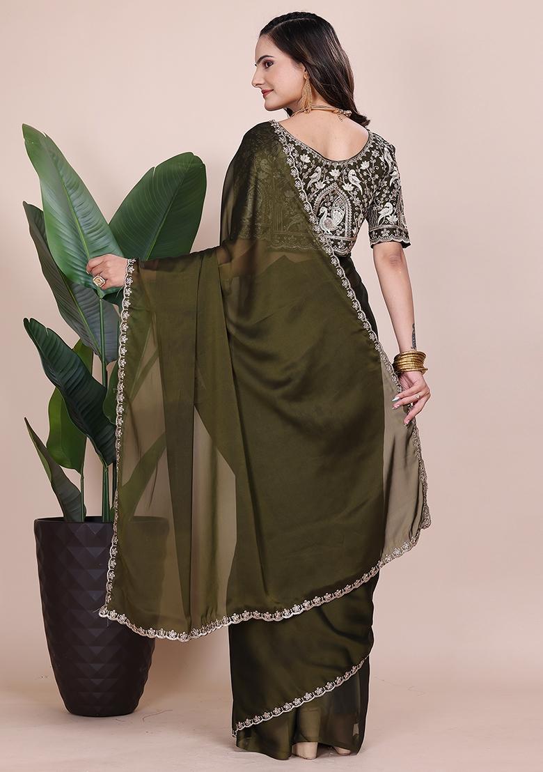 Green Embroidered Chiffon Saree Set
