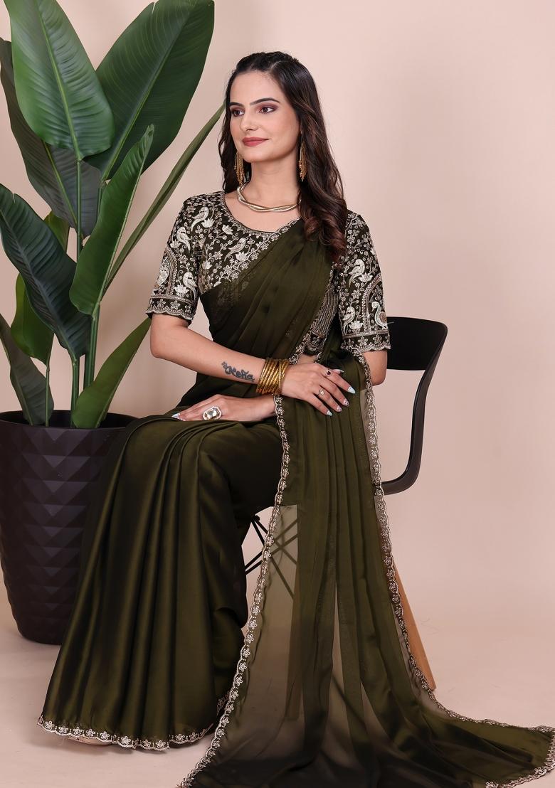 Green Embroidered Chiffon Saree Set