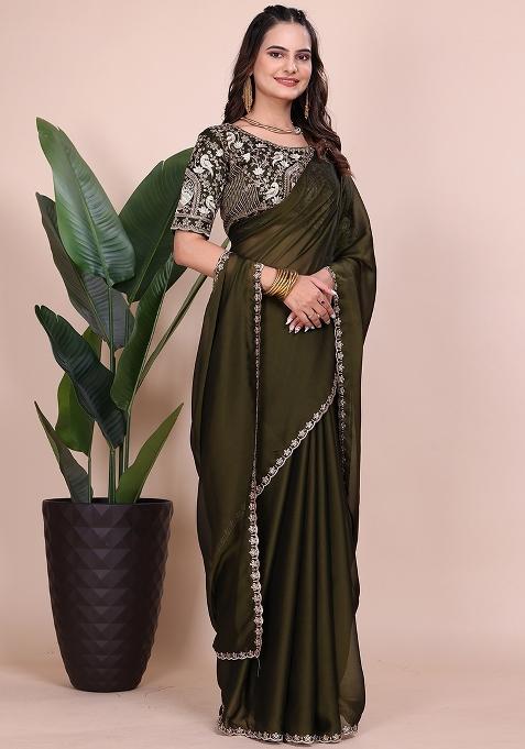 Green Embroidered Chiffon Saree Set