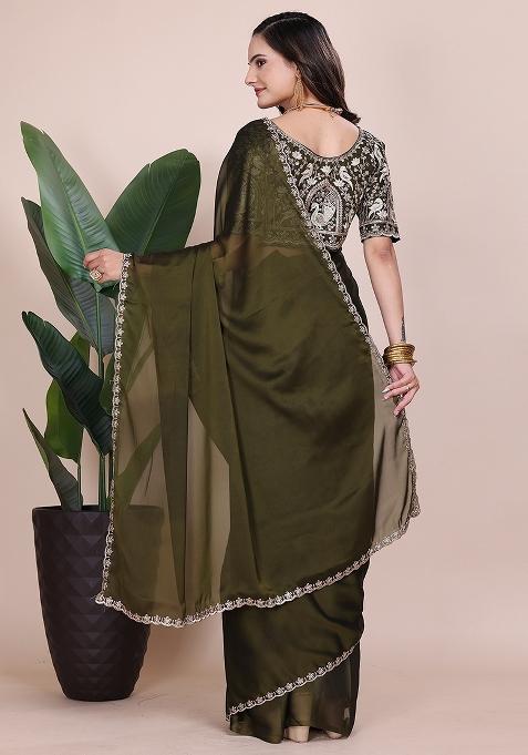 Green Embroidered Chiffon Saree Set