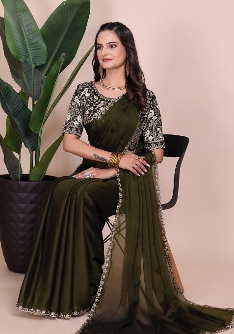 Green Embroidered Chiffon Saree Set