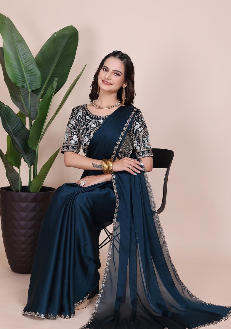 Morpeach Embroidered Chiffon Saree Set - Indya