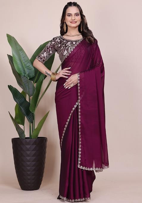 Wine Embroidered Chiffon Saree Set