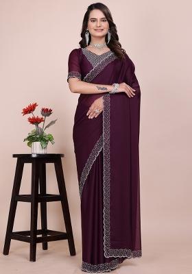 Wine Embroidered Georgette Saree Set