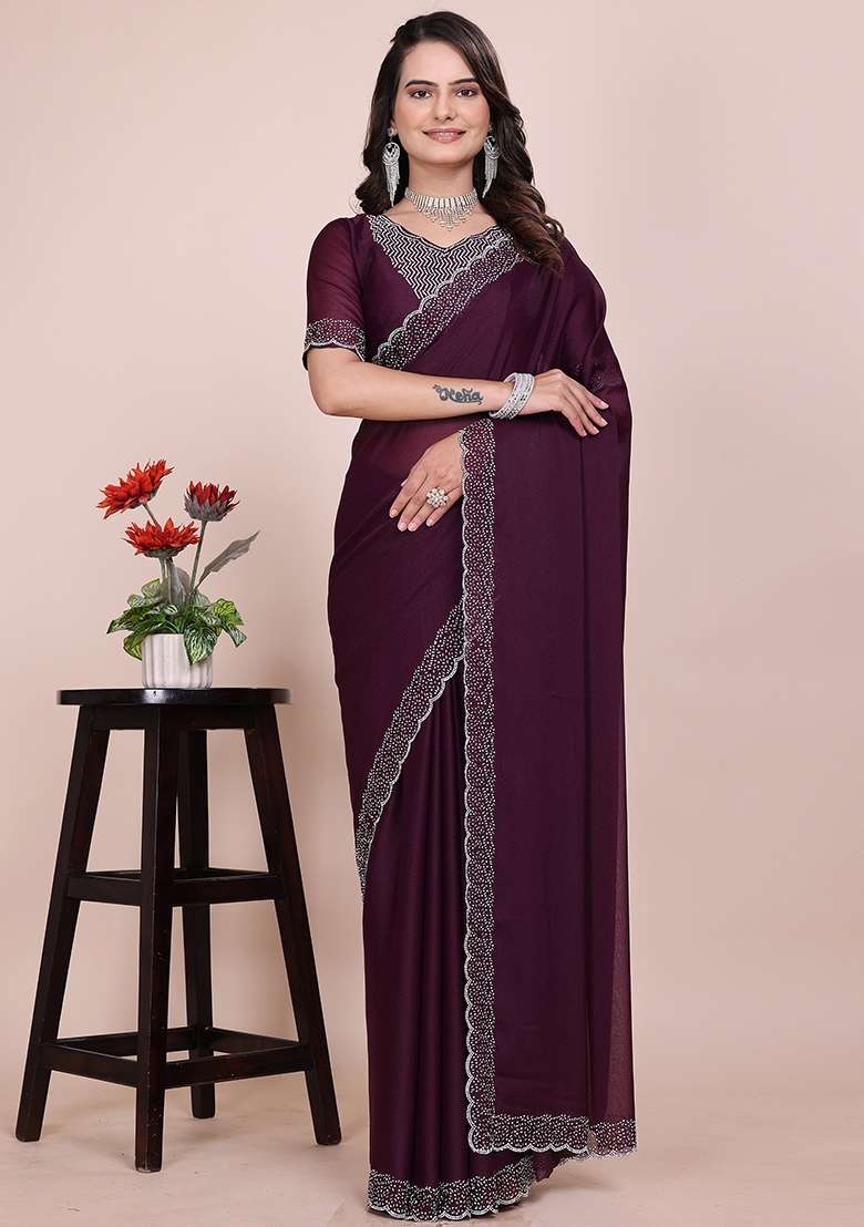 Wine Embroidered Georgette Saree Set - Indya