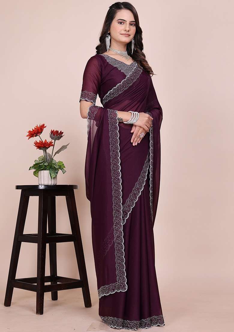 Wine Embroidered Georgette Saree Set - Indya