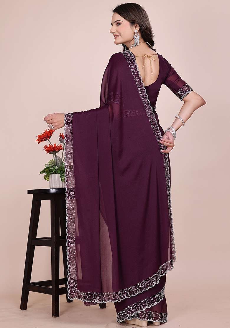 Wine Embroidered Georgette Saree Set - Indya
