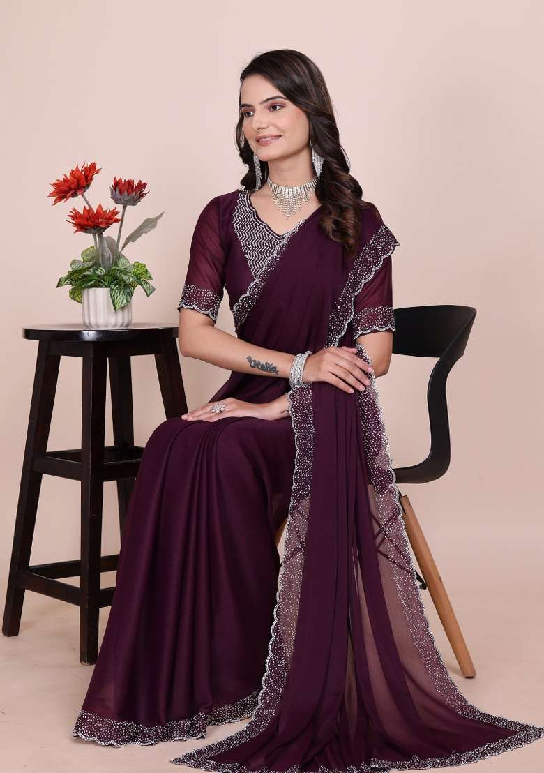 Wine Embroidered Georgette Saree Set - Indya