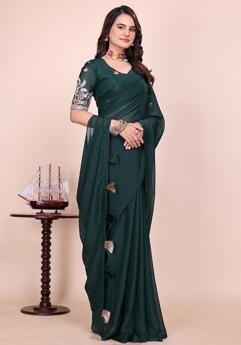 Bottel Green Embroidered Georgette Saree Set