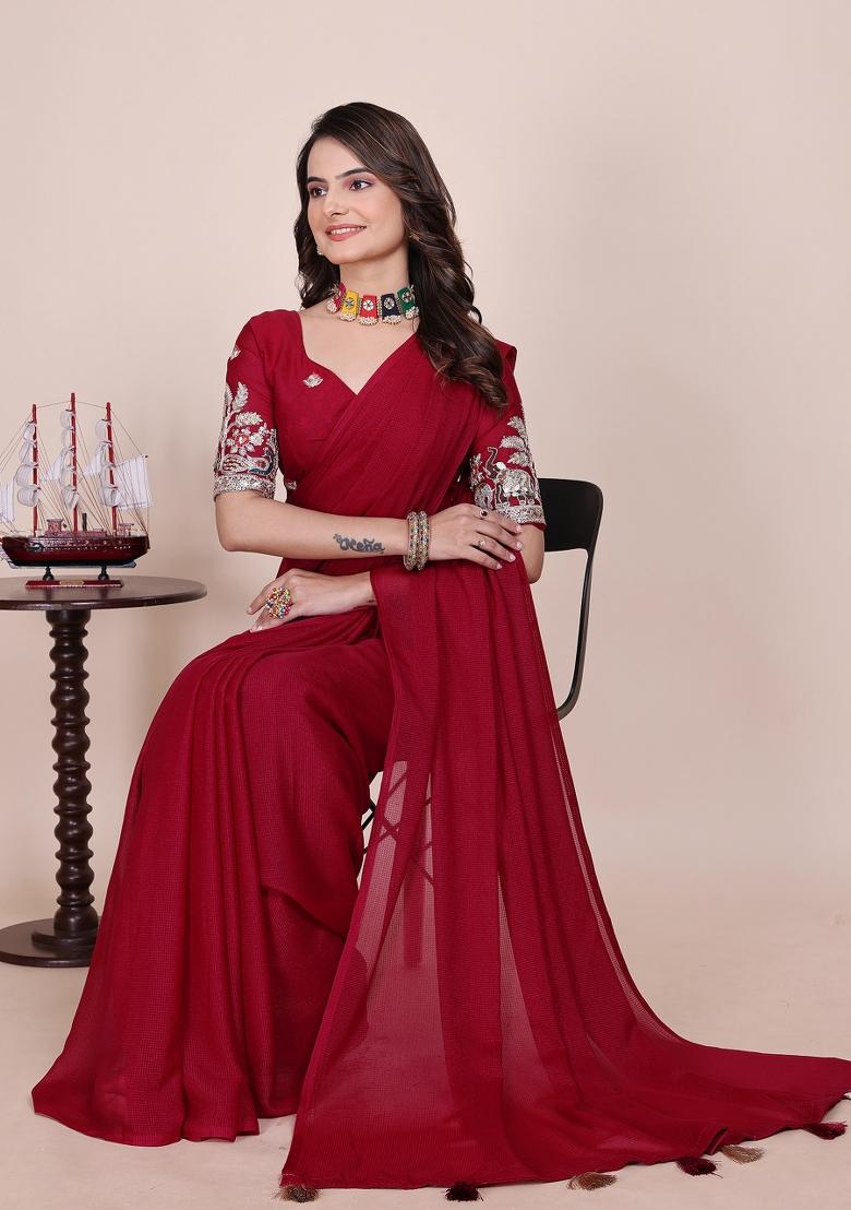 Cherry Embroidered Georgette Saree Set - Indya