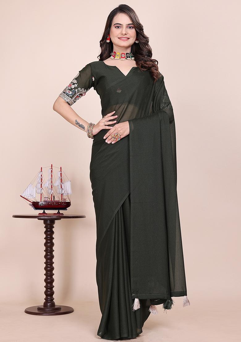 Green Embroidered Georgette Saree Set
