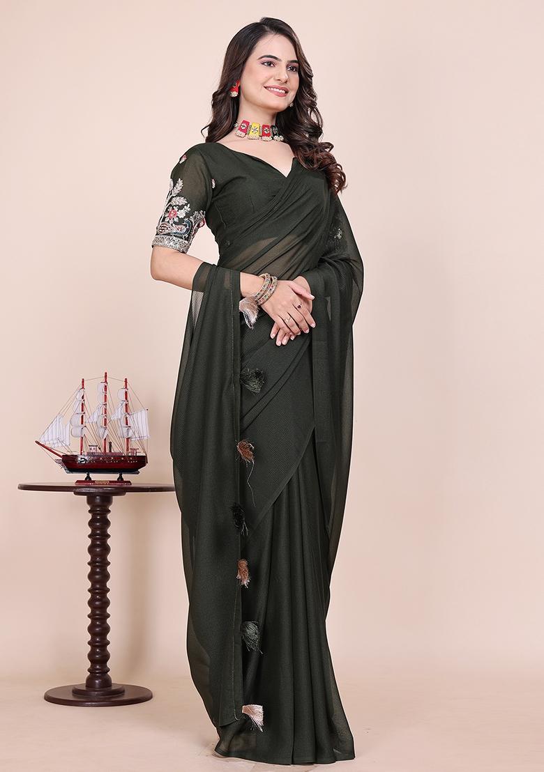 Green Embroidered Georgette Saree Set