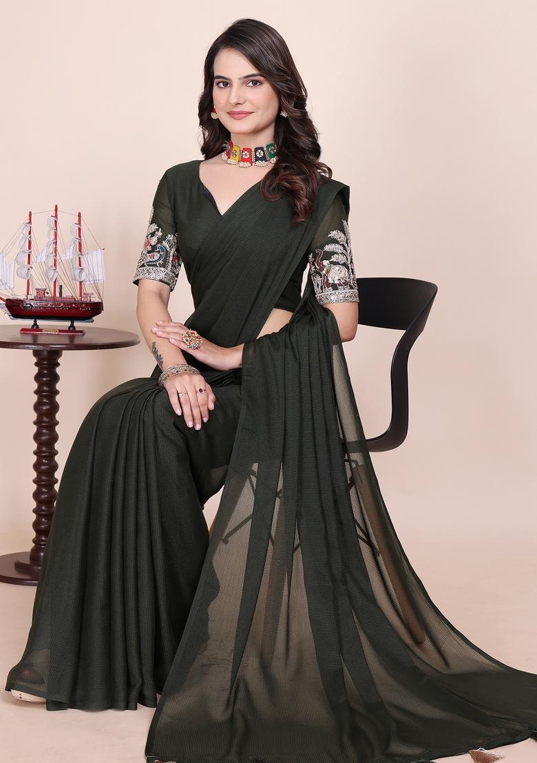 Green Embroidered Georgette Saree Set