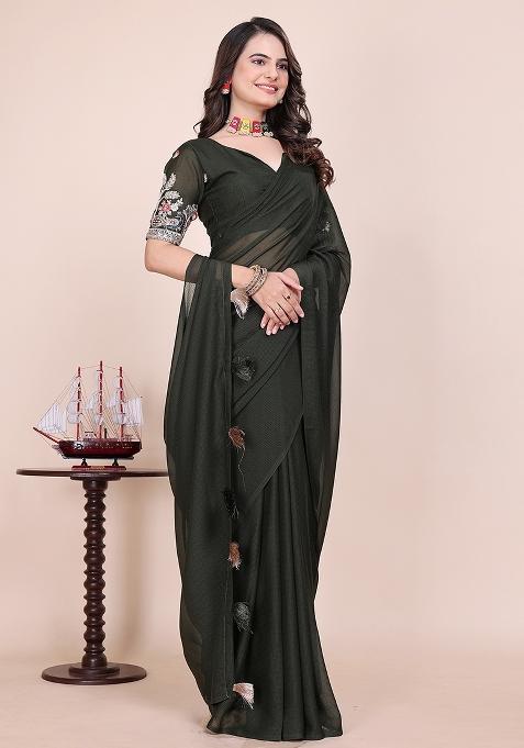 Green Embroidered Georgette Saree Set