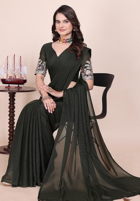 Green Embroidered Georgette Saree Set
