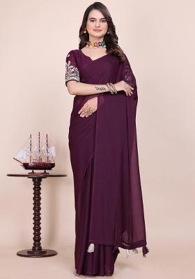 Wine Embroidered Georgette Saree Set